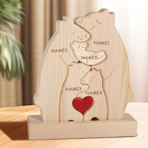 MQVXT Personalisiertes Holz Kunstpuzzle der Bärenfamilie,Bären Familie Holz Puzzle Skulptur,Bärenfamilie aus Holz Kunst Puzzle,Home Tischdekoration Geschenk für Familie Andenken Geschenke (5 Stück)