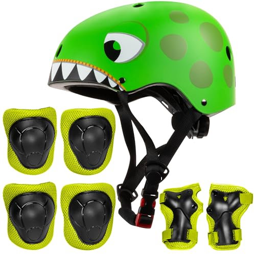 Niftii Kids Helmet with Pads - Adjustable Multi-Sport Complete Safety Gear for Cycling, Skateboarding & Scooting, Ideal for Boys & Girls Ages 3-15 Kids Bike Helmet Set, Dino