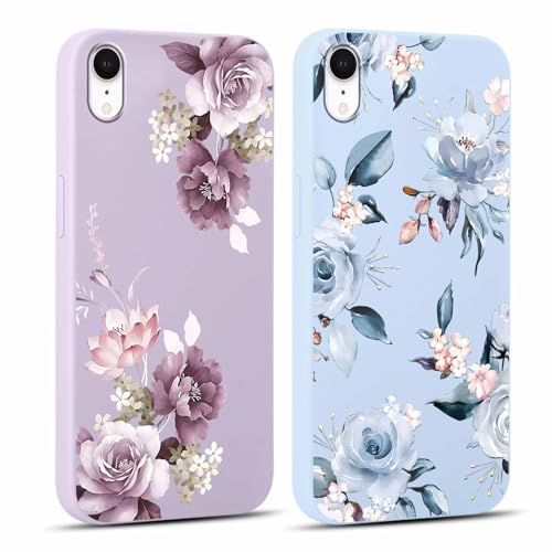Xylota 2 Stück Handyhülle für iPhone XR 6,1 Hülle, Weich Silikon Dünn TPU Bumper Case mit Aesthetic Muster Blumen, Handytasche Stoßfeste Frauen Mädchen Schutzhülle Cover für iPhone XR, Blau + Lila