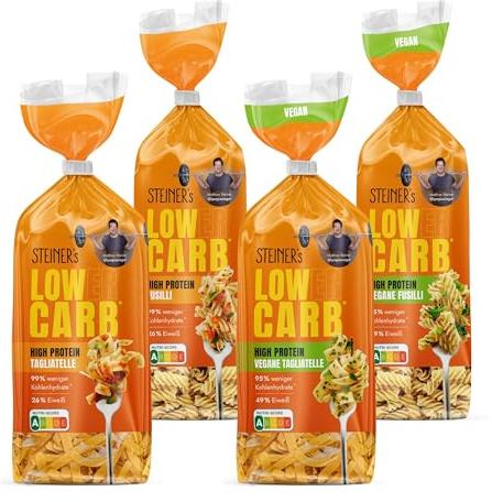 STEINER's Low Carb High Protein Pasta Probier Box | 95-99% weniger Kohlenhydrate | Fusilli (250g), Tagliatelle (250g), vegane Fusilli (250g), vegane Tagliatelle (250g)