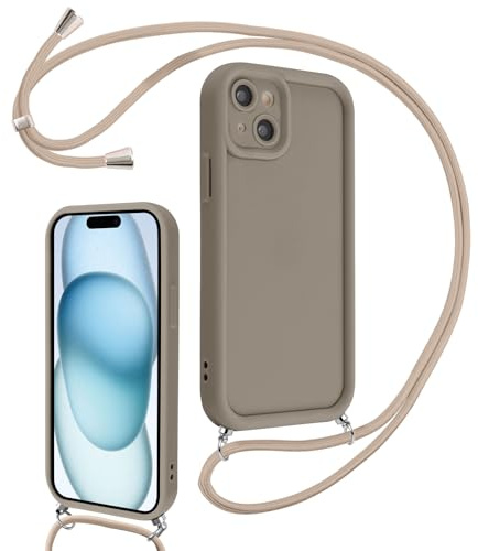 Coalbooliy Coque pour iPhone 15 Plus 6,7 avec Cordon de Collier Réglable, Etui Protection de la Caméra Silicone Souple TPU Antichoc Housse avec Corde Lanyard Cover pour Femmes Filles, Kaki