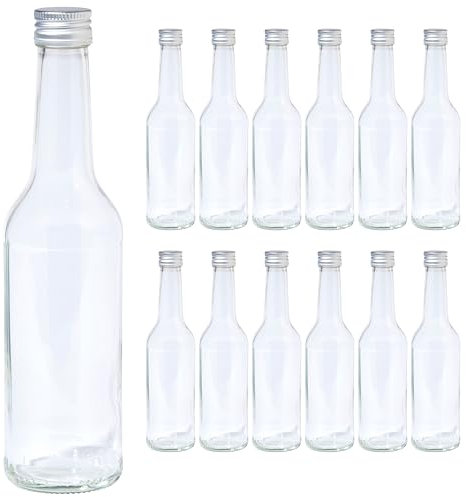 Vitrea 12 leere Glasflaschen 350ml Schraubverschluss Silber - Flaschen zum Befüllen mit Deckel - für Saft, Getränke, Likör, Öl, Saucen - 12 Stück, PP28, Geradhals
