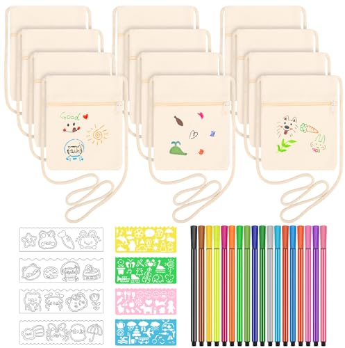 patinadrift 12 Stück Stoffbeutel zum Bemalen für Kinder, DIY Kinder Umhängegeldbeutel, Stoffbeutel Tasche mit 18 farbigen Stiften und 8 Zeichenvorlagen, Brustbeutel für Schule, Geschenk, Feier