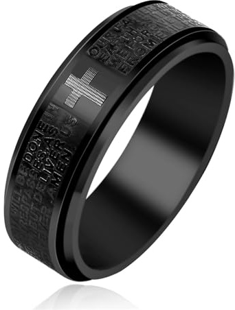 Vivaday Inspirierender Bibelvers Kreuzring– Schwarzer Edelstahl-Spinner Fidget Ring mit eingravierten Bibelversen für Ehemann Vater Sohn – Jubiläum Geburtstag christlicher religiöser Schmuck