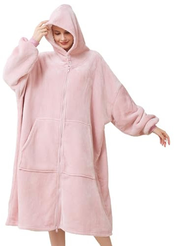 Tragbarer Hoodie Decke Damen Sherpa Übergroße Sweatshirt Kuscheldecke mit Ärmeln Tasche Kapuze für Erwachsene Herren Frauen Rosa