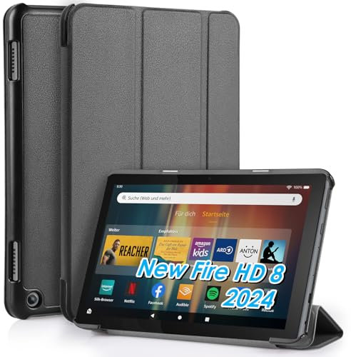 WD&CD Cuero Funda Compatible para Amazon Fire HD 8 Case, 8'', Protector Compatible con Amazon Fire HD 8 2024/2022/ 2020 Funda, PC+PU Caso Carcasa Case Libro de Cuero con Soporte Función, Gris