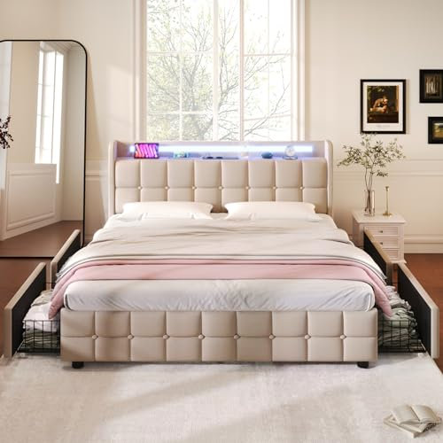 Ravas Doppelbett 180x200 cm mit LED-Beleuchtung, Bettrahmen mit 4 rollenden Schubladen, Ladegerät 2 USB und 2 Standard-Europasteckdose, Leinenstoff, ohne Matratze (Beige)