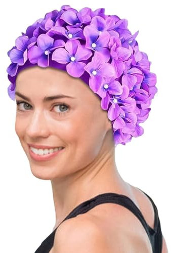 Cuffia da nuoto per donna - Cuffia da nuoto alla moda con fiori per donna - Cuffia da bagno retrò per capelli lunghi/corti, cappello da nuoto per vacanze al mare in piscina