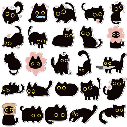 MALLMALL6 25Pcs Cute Black Cat Fridge Magnets, Gift for Cat Lover, Funny Refrigerator Magnetic Sticker Decor Accessories with Flower Bread Fish for Home Kitchen Office Locker Mailbox Door