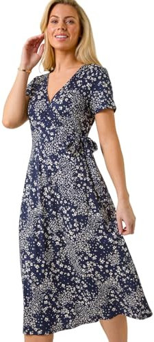 Roman Originals Wrap Dress for Women UK Ladies Swing Skater Fit & Flare A Line Tea Stretch Knee Length V-Neck Holiday Summer Smart Casual Work Party Evening - Petite Navy - Size 14