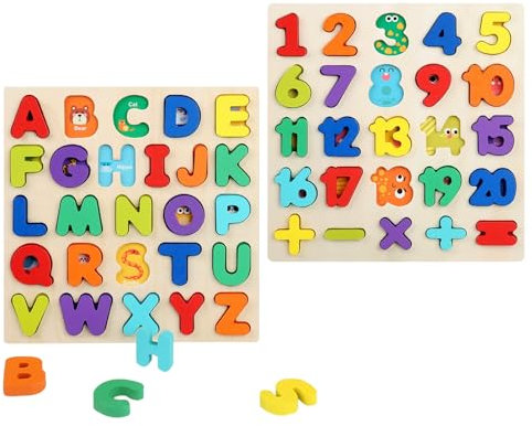 Alphabet Puzzle – 2 Pcs Wooden Number Jigsaw Blocks, Alphabet Toys for Early Learning, Colorful ABC Puzzle for Kids, Educational Wooden Puzzles for Toddlers 3+ Years, Montessori Preschool Toy
