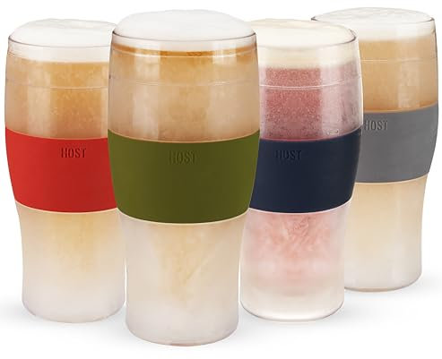 Host Beer Freeze Beer Glass Cups Set Drinking Glasses, Freezer Mugs with Gel Double Walled Cool Cups Plastic Multicolor 16oz Set of 4