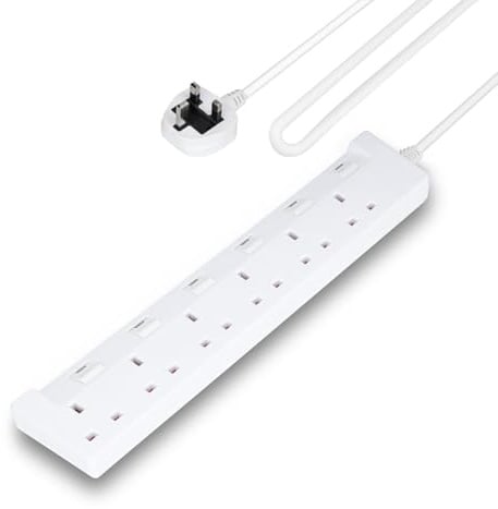 GEEPAS 6 Gang Extension Lead, 10M Cable | 6-Way Plug Extension Cable | 6 Socket Desk Power Strip with Individual Switches for Home Office | Heavy Duty UK Plug | White