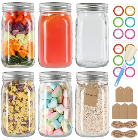 EkkoVla Wide Mouth Mason Jars 1L (32 oz) - 6 Pack Glass Canning Jar with Airtight Lids and Bands for Overnight Oats, Homemade Jam, Food Storage, Pickling, Meal Prep, Preserving
