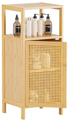 HITNET Armoire de Rangement en Rotin, Petit Meuble de Salle de Bain avec Porte, Armoire sur Pied en Bambou, Organisateur latéral étroit autoportant pour Salon, Cuisine, entrée, Naturel