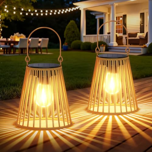 RECHOO Solar Lights Outdoor Garden, 2 Pack Vintage Hanging Solar Lanterns with 12+ Hours Waterproof Garden Ornaments Outdoor Lights for Patio Lawn Table Halloween Christmas Decorations