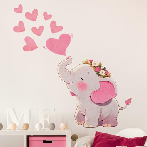 COVPAW Wandtattoo Elefant mit Blumenkranz und Herzen, 75 x 80 cm, Rosa und Grau, Wandaufkleber Kinderzimmer Schlafzimmer Wohnzimmer Kindergarten Dekoration Wand Möbel Tür usw. (Elefant Herzen)