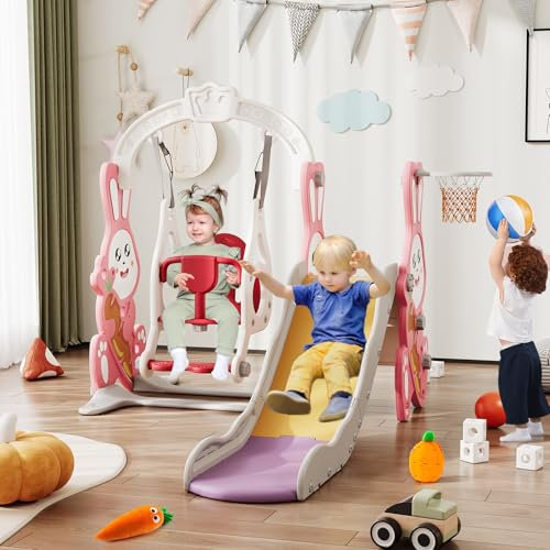LIVLUX Toboggan pour Enfants 4 en 1,Intérieur et Extérieur Toboggan avec Balançoire, Panier de Basket et Échelle d'escalade,Design Lapin, pour Enfants de 1 à 6 Ans. (Rose)