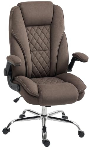 HOMCOM Fauteuil de Bureau Large Assise Rembourrée Hauteur Réglable Marron | Chaise Bureau Ergonomique, Accoudoirs Relevables, Dossier Haut, Pivotant 360°, Tissu en Velours, Charge 120 kg