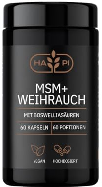 HAPI® MSM + Weihrauch | 60 vegane Kapseln, hochdosiert | mit 400 mg MSM & 400 mg Weihrauchextrakt (davon 280 mg Boswelliasäuren) | laborgeprüft, im Mironglas, ohne unnötige Zusätze