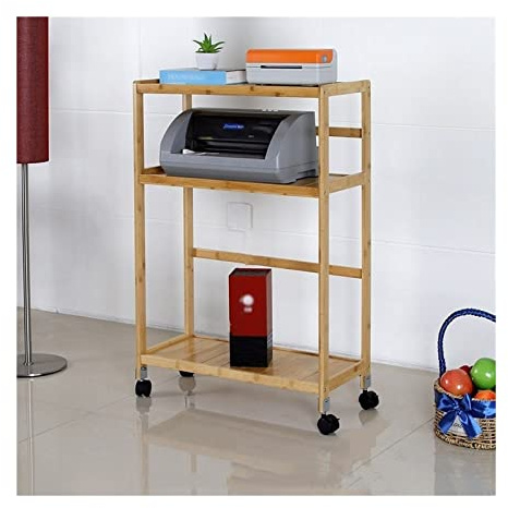 Supporto a torre per PC con ruote, stampante mobile a 3 livelli con contenitore, custodia in bambù con ripiani aperti, per casa e ufficio, supporto per PC per moquette (naturale, 51 x 26 x 86 cm)
