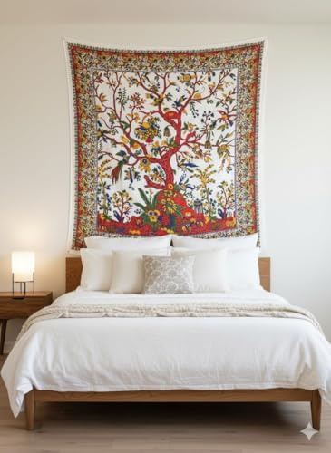 Craft Trade Weiß Baum Wandteppich Indische Wandtuch Tapestry Wandbehang Boho Wandteppiche für Heimdeko Wohnzimmer und Schlafzimmer - 137 x 213 cm