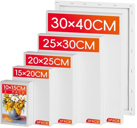 RITOLLO 15-Pack Stretched Cotton Canvases, 280 GSM, Mixed Sizes | Acid-free, triple-primed cotton canvas on pine frames in sizes from 10 x 15 to 30 x 40 cm