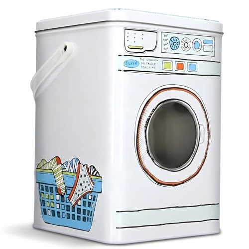Serbatoio di stoccaggio del detersivo per bucato in polvere con coperchio, grande capacità, forma di lavatrice, finestra anteriore, scatola di immagazzinaggio domestico in ferro