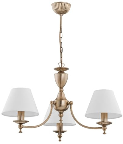 Licht-Erlebnisse Kronleuchter mit Schirm B: 40,8 cm H: max. 64 cm in Messing Antik Creme 3-flammig E14 Metall Stoff Jugendstil Lüster Hängeleuchte Wohnzimmer