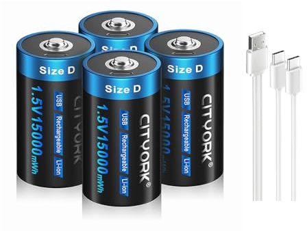 CITYORK USB Mono D Akku Lithium Aufladbare, 1,5V 15000mWh LR20 Wiederaufladbare D-Zellen Batterien mit Typ C Ladekabel - 4er Pack