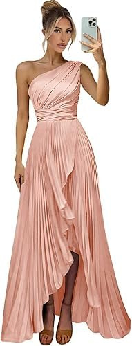 Générique Robes de Bal en Satin Robe de Demoiselle d'honneur à Une épaule Robes de soirée Corset plissées avec Fente latérale Rose Blush M