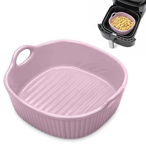 Runde Keramik Auflaufform für Heißluftfritteuse 18.5×16.5×5.5 cm | Bunt Glasierte Auflauf- & Lasagneform | Backform Keramik mit Griffen für Backofen Mikrowelle (Lavendel-Violett-650ML)