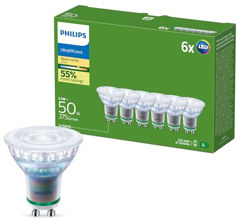 Philips UltraEfficient LED Lampa GU10 Spotlights, 6-pack, 375 Lumen, 50 W, Utan Flimmer, EyeComfort, Lång Livslängd, Spotlight till Smarta Hem, Varmvitt Ljus 2 700 K
