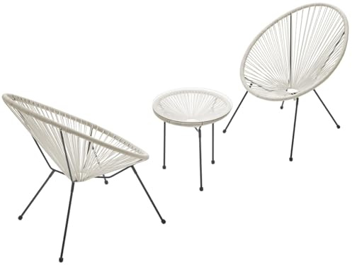 MAT-COMPANY Gartenmöbel Set 3 teilig Balkonmöbel Set mit 2 Sesseln und rundem Tisch Rattan Bistro Set Terrasse Sitzgruppe mit Glastisch Stahlgestell Weiß