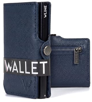 WLine Portafoglio Uomo Slim con Portamonete Rfid Compatto ed Elegante - Porta Carte di Credito Uomo e Donna Schermato in Pelle PU - Portatessere Uomo Tascabile (Blu Navy e Nero Saffiano, Con Zip)