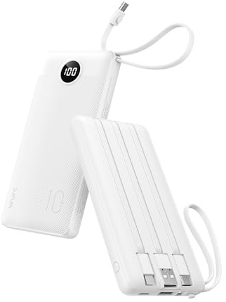 VRURC 10000mAh Power Bank With Built-in 4 Cables, Slim Portable Charger | USB C Battery Pack with 5 Outputs 2 Inputs, Powerbank with LED Display Compatible with iPhone, Samsung, White(1 Pack)