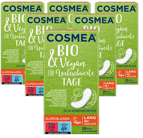 Cosmea Bio-Slipeinlagen lang, ohne Duft, Vorteilspack (5 x 26 Stk). Hygiene-Einlagen aus Bio-Baumwolle. Damen-Hygiene im Einklang mit der Natur