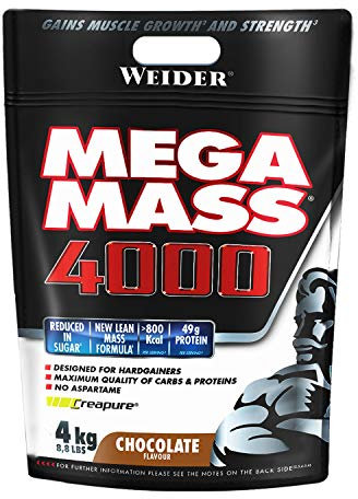 Weider Mega Mass 4000. Goût Chocolat. Mélange protéiné pour prise de masse. Avec 3 protéines (lait, lactosérum, blanc d’œuf) et de la créatine. Pauvre en sucres. 4kg