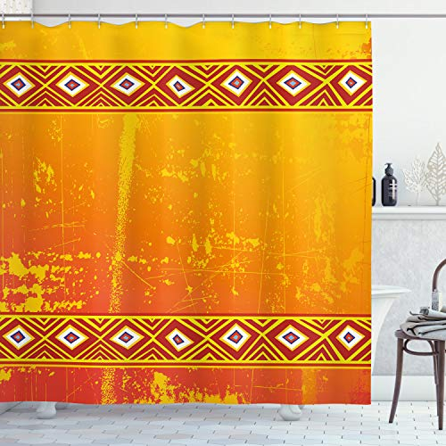 ABAKUHAUS Afrika Duschvorhang, Motiv, Stoffliches Gewebe Badezimmerdekorationsset mit Haken, 175 x 200 cm, Orange und Marigold