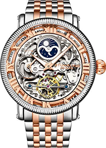 Stührling Original Herren-Automatikuhr, Skelettuhr, analoges Zifferblatt, silberne Akzente, Dualzeit, AM/PM Sonne Mond, Edelstahl-Armband, 3922 Uhren für Herren Kollektion, Roségold, 48mm, Skelettuhr