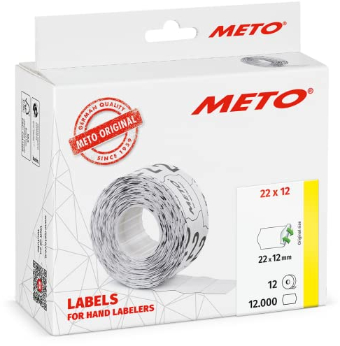 Meto Etiketten für Handauszeichner (22 x 12 mm, 1-zeilig, 12.000 Stück, weiß, wiederablösbar, für METO, Contact, Sato, Avery, Tovel, Samark etc.)