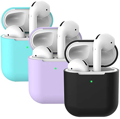 Mocarheri 3X Funda Silicona Compatible con AirPods 2, Fundas Protectora de Silicona para AirPods, [LED Frontal Visible][Funciona con Carga inalámbrica] (AirPods 2, Negro +Púrpura +Menta Verde)