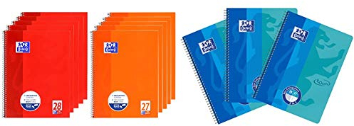 Oxford Schule Collegeblock A4, 5 linierte und 5 karierte Blöcke, rot, orange, 10er Pack & DUO Collegeblock A4 kariert und liniert kombiniert in einem Block, blau, 3er Pack