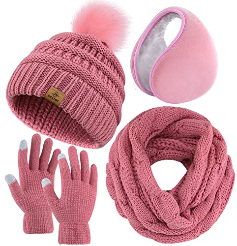 URATOT Winter-Set mit Strickschal, Pompon-Mütze, Touchscreen-Handschuhe und Ohrenwärmern, warmes Set für Damen und Herren, Pink, Medium