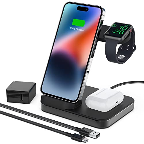 Boaraino Fast Wireless Charger, 3 in 1 Kabellose Ladestation für iPhone 14/14 Max/iPhone 13/13 Mini/13 Pro/13 Pro Max/12/11/X/8, Apple Watch 8/7/SE/6/5/4/3, Airpods 2/3/Pro (Mit QC 3.0 18W Adapter)