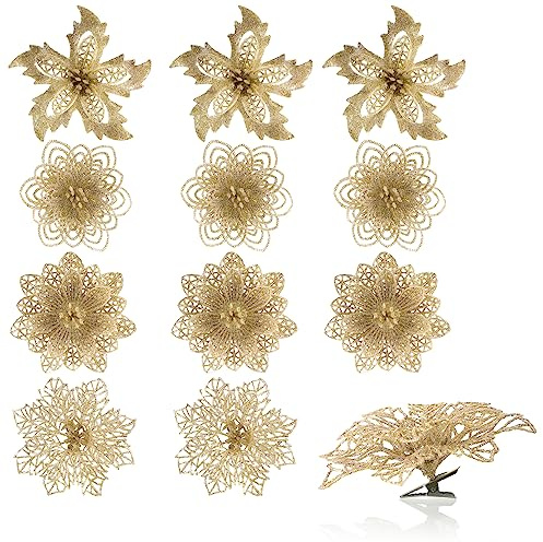 com-four® 12x Deko-Blume mit Clip - glitzernde Blüten zum Anklemmen - Blumenstecker als Raumdeko für Weihnachten und Valentinstag - [Auswahl variiert]