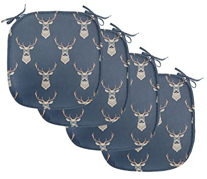 ABAKUHAUS Hirsch Polster für Esszimmerstühle, Retro Hipster Tiere, Dekoratives wasserfestes Kissen mit Riemen für Küchensitze, 40 cm x 40 cm-4er Pack, Schiefer-Blau Tan