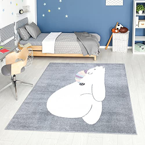 carpet city Teppich Kinderzimmer Tier-Motiv - Grau - 140x200 cm - Kinderteppich Kurzflor Bär mit Schlafmütze - Weicher Flor