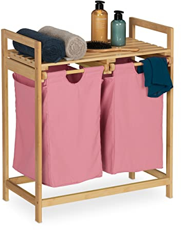 Relaxdays Wäschekorb Regal, Bambus, ausziehbar, HBT: 73 x 64 x 33 cm, Wäschesammler, 2 Fächer, Wäscheablage, Natur/rosa