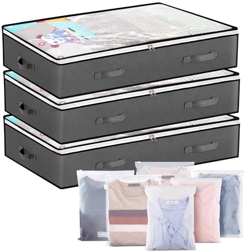 YORFULL Underbed Storage Bag- 3Pack Large Under Bed Storage Box with 6x Bonus Large Zip lock Bags Clothes storage boxes with lid & PVC Window for Clothes, Duvets, Comforters, Blanket, Bedding